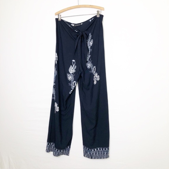 Kenar Studio Navy blue BoHo floral, print tie, front wide, leg pants - Picture 10 of 12